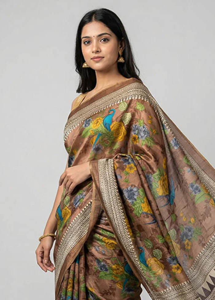 Rust Printed Silk Saree Without Blouse Piece - Image 2