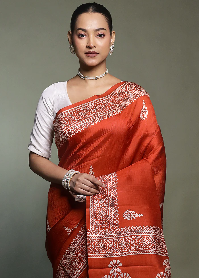 Rust Printed Pure Silk Saree Without Blouse Piece