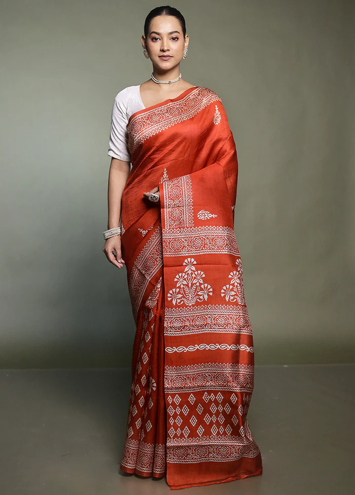 Rust Printed Pure Silk Saree Without Blouse Piece - Image 2