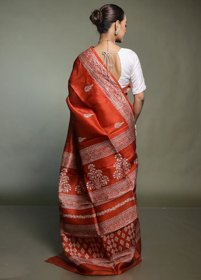 Rust Printed Pure Silk Saree Without Blouse Piece - Image 3
