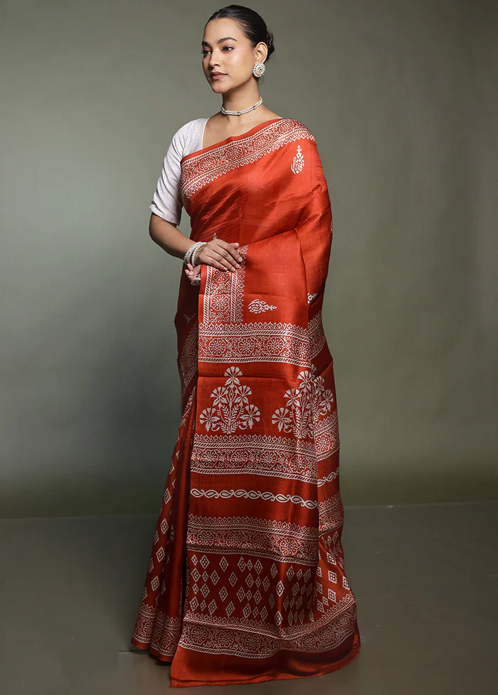 Rust Printed Pure Silk Saree Without Blouse Piece - Image 4