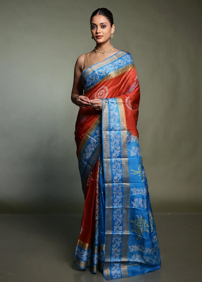 Rust Printed Pure Silk Saree Without Blouse Piece - Image 2