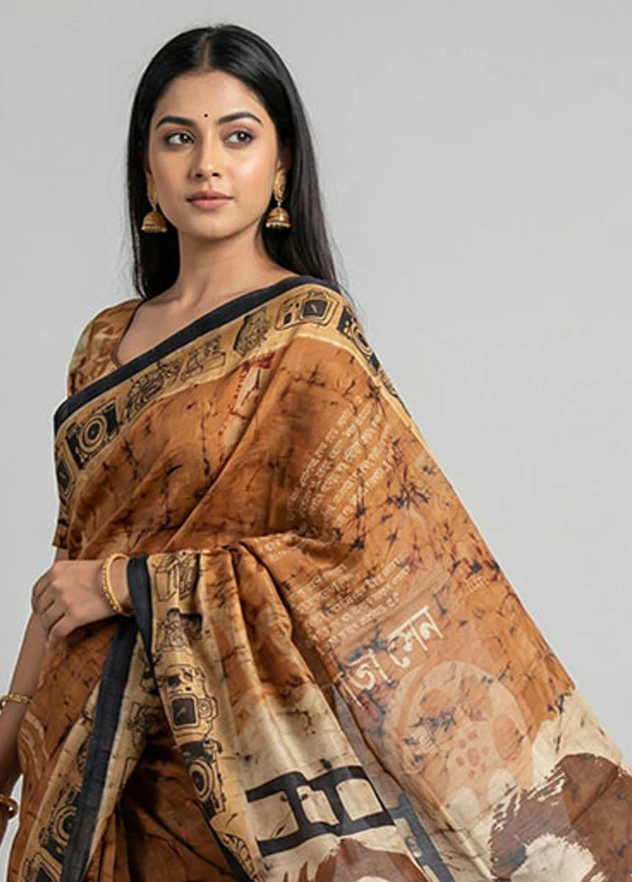 Rust Printed Pure Silk Saree Without Blouse Piece - Image 2