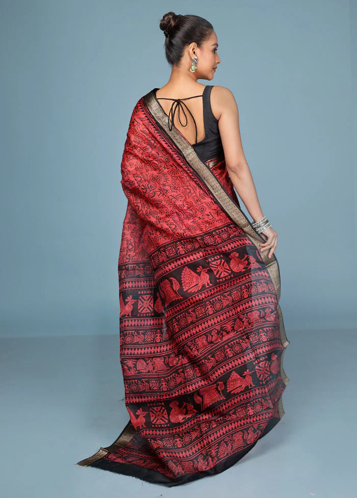Rust Printed Pure Silk Saree Without Blouse Piece - Image 3