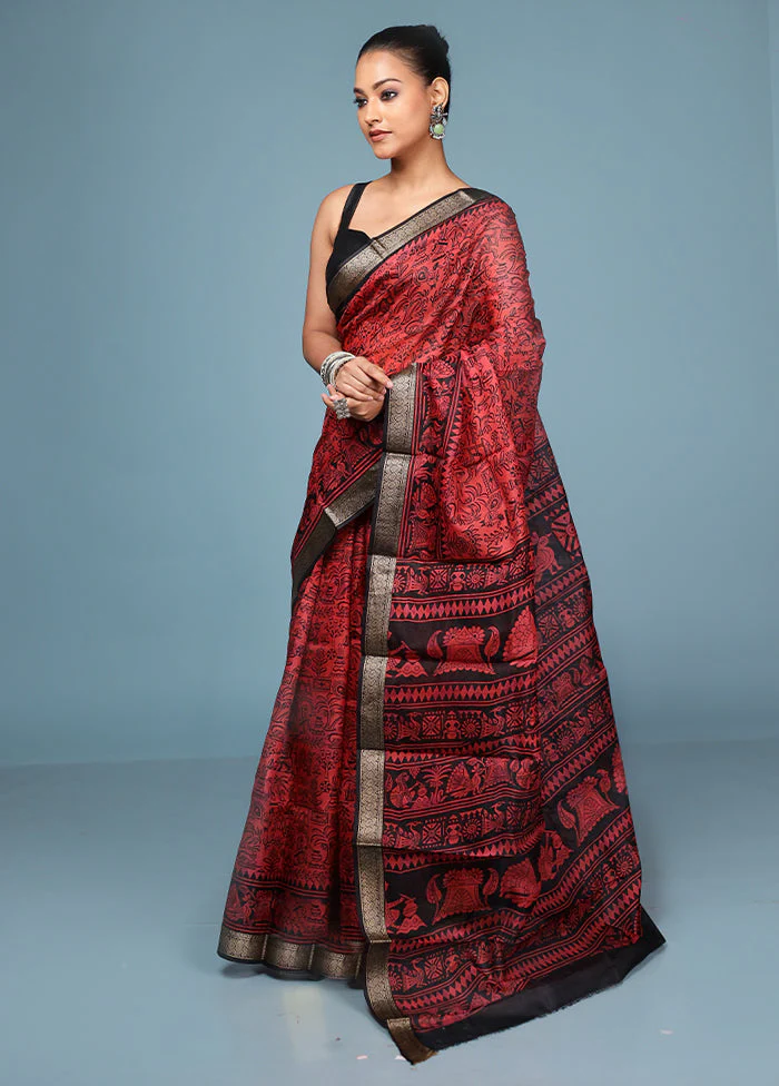 Rust Printed Pure Silk Saree Without Blouse Piece - Image 4