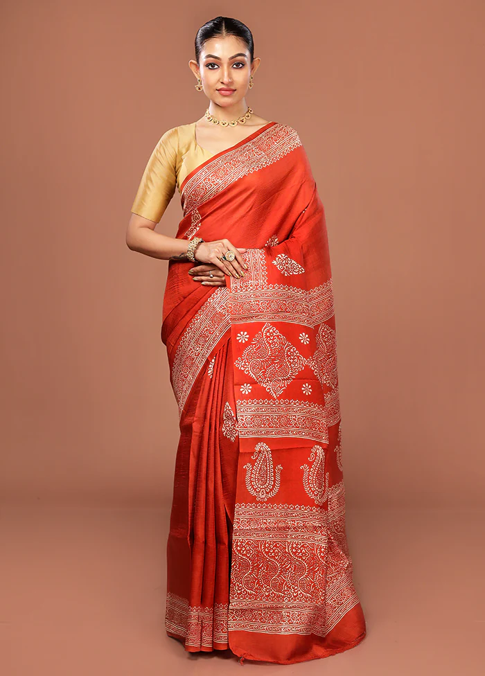 Rust Printed Pure Silk Saree Without Blouse Piece - Image 2