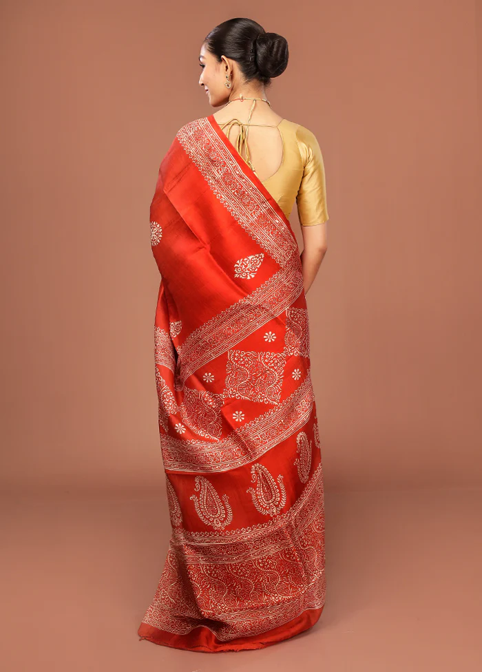 Rust Printed Pure Silk Saree Without Blouse Piece - Image 3