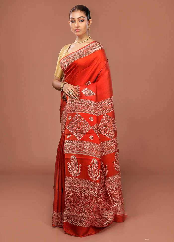 Rust Printed Pure Silk Saree Without Blouse Piece - Image 4
