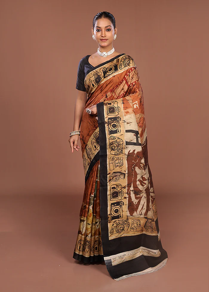 Rust Printed Pure Silk Saree Without Blouse Piece - Image 2