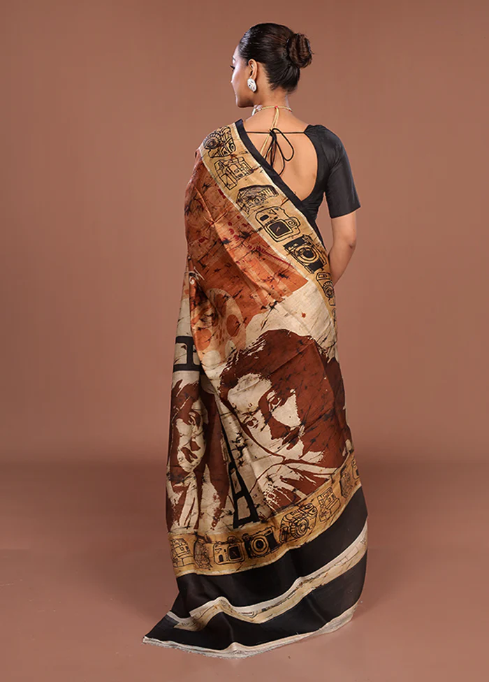 Rust Printed Pure Silk Saree Without Blouse Piece - Image 3