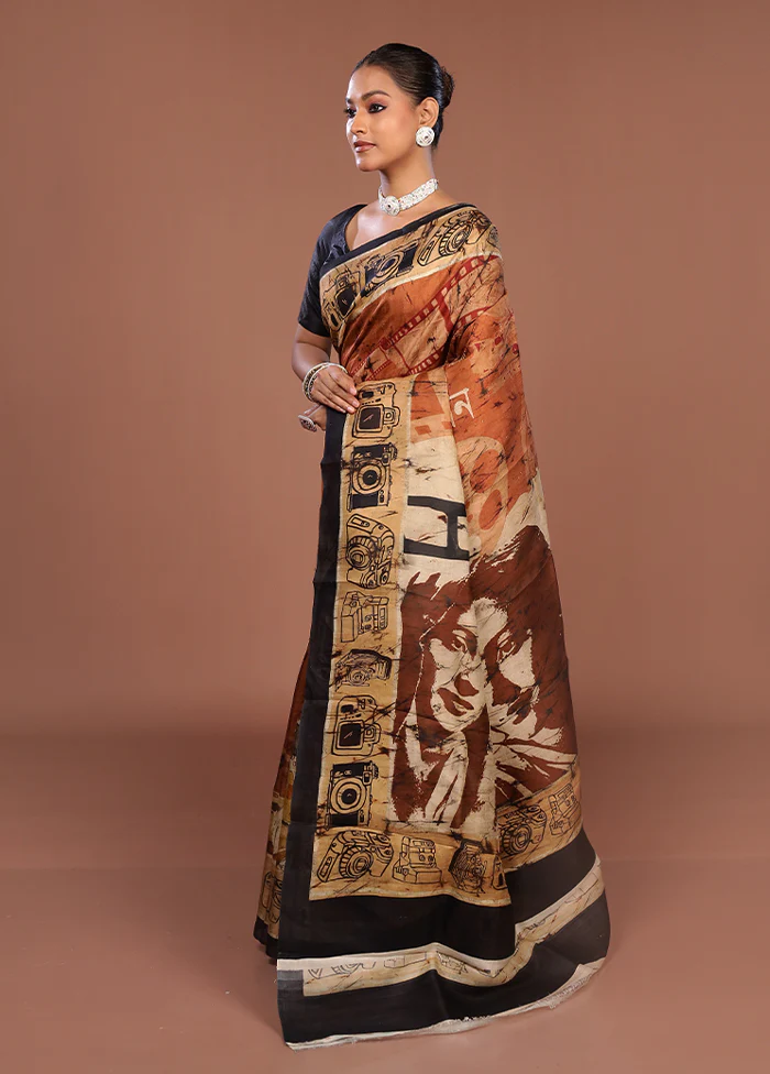 Rust Printed Pure Silk Saree Without Blouse Piece - Image 4