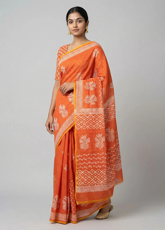 Rust Printed Pure Silk Saree Without Blouse Piece