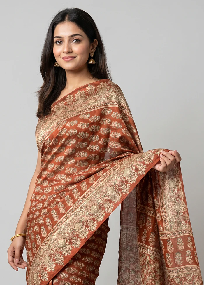 Rust Printed Silk Saree Without Blouse Piece - Image 2
