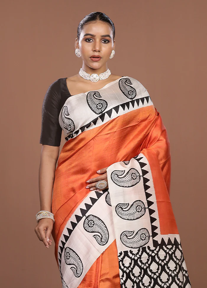 Rust Printed Silk Saree Without Blouse Piece