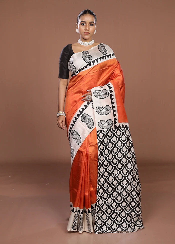 Rust Printed Silk Saree Without Blouse Piece - Image 2