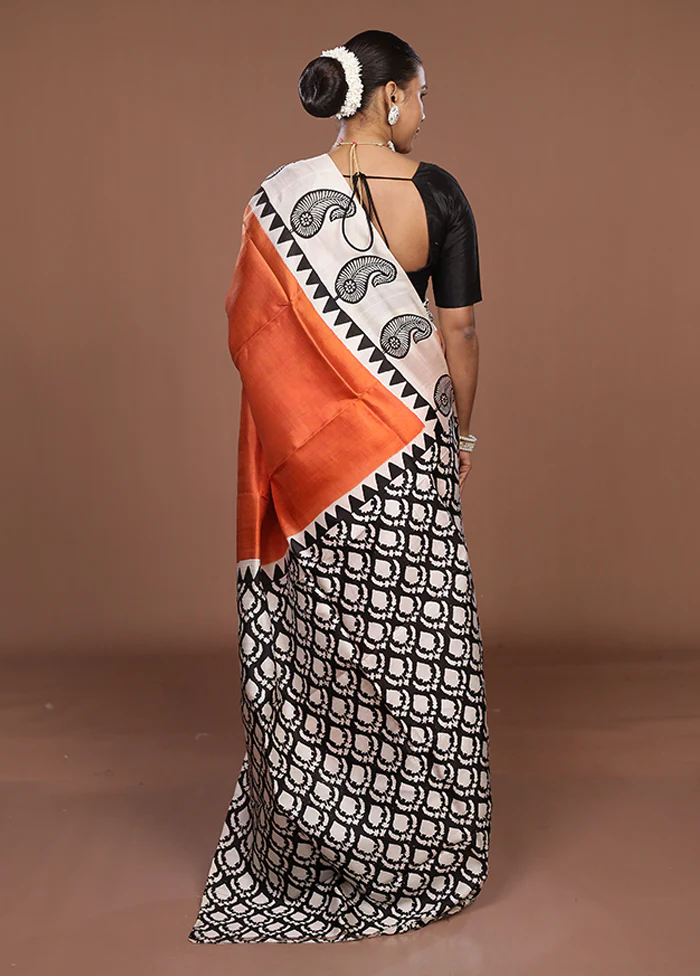 Rust Printed Silk Saree Without Blouse Piece - Image 3