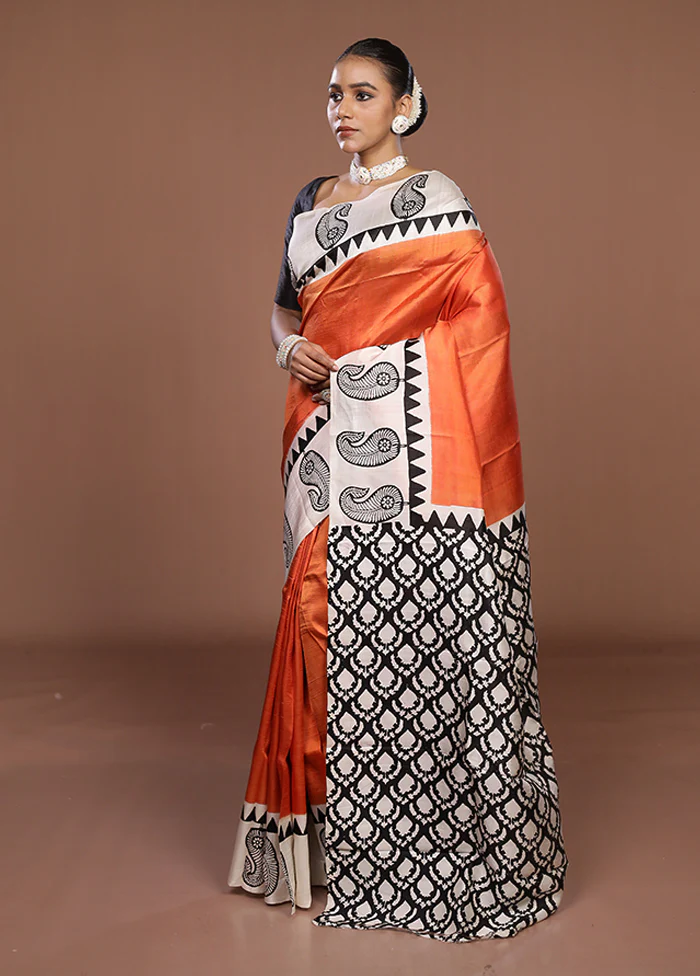 Rust Printed Silk Saree Without Blouse Piece - Image 4