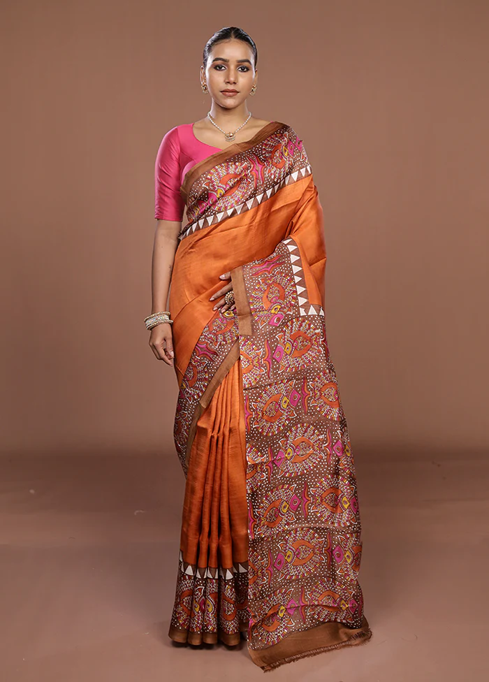 Rust Printed Silk Saree Without Blouse Piece - Image 2