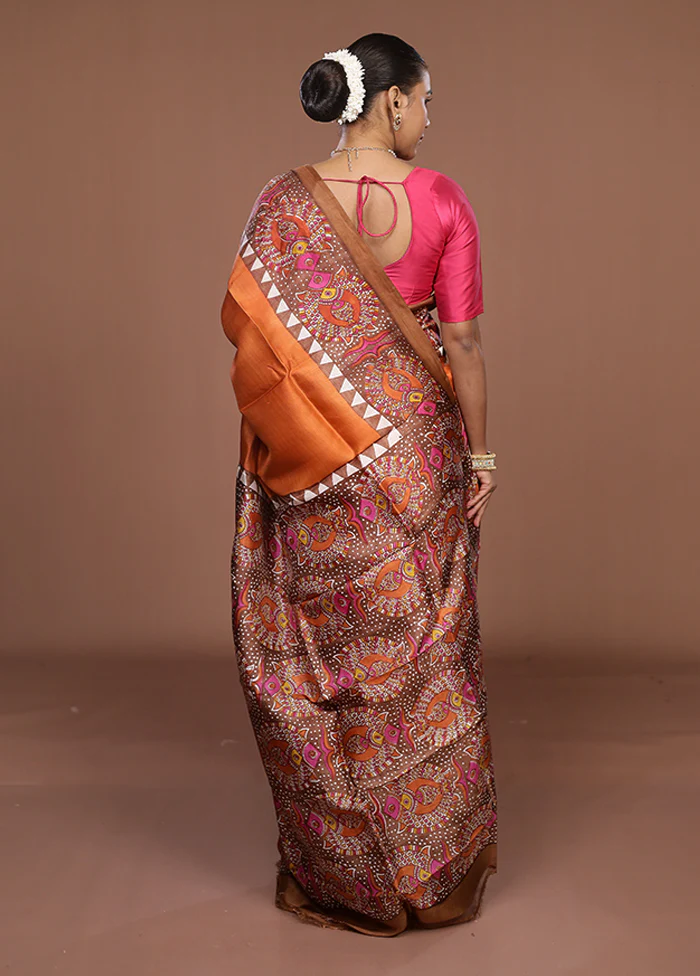 Rust Printed Silk Saree Without Blouse Piece - Image 3