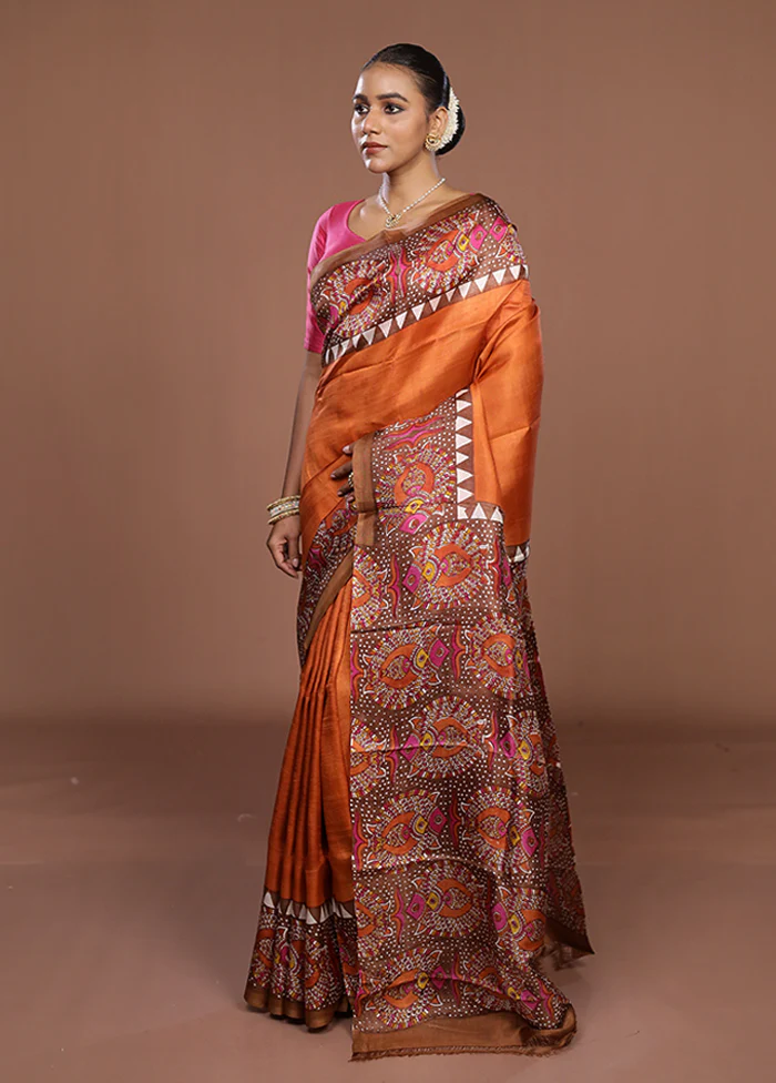 Rust Printed Silk Saree Without Blouse Piece - Image 4