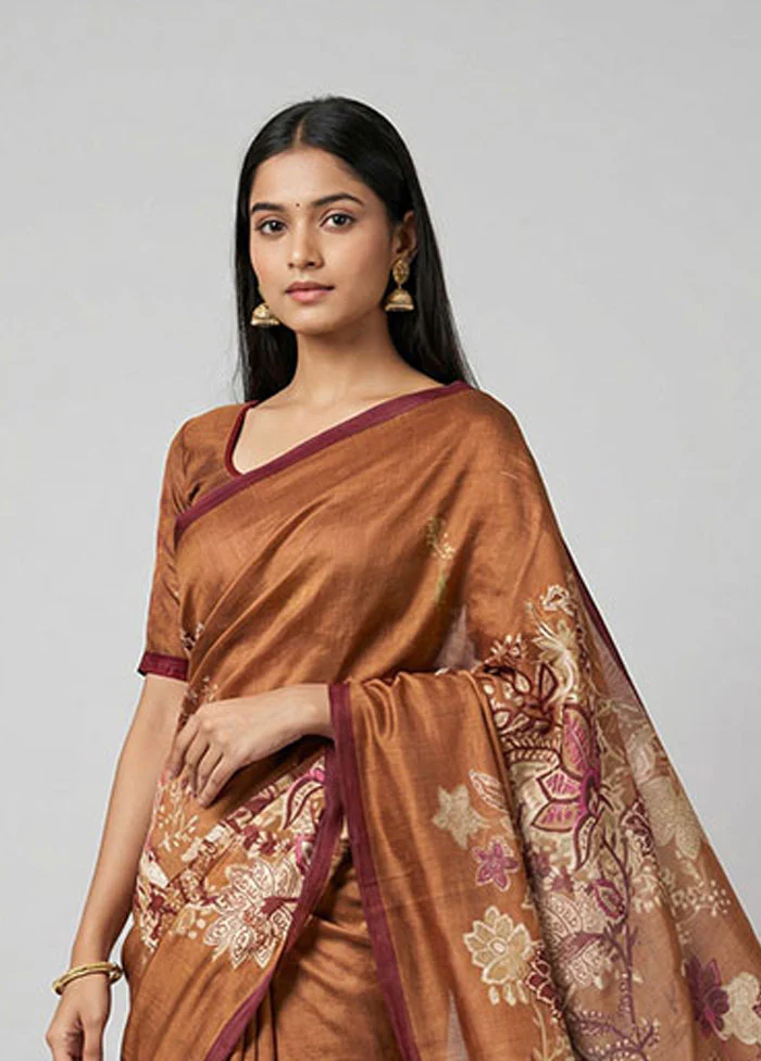 Rust Printed Silk Saree Without Blouse Piece - Image 2