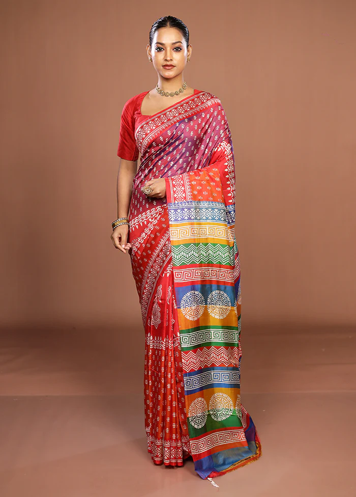 Rust Pure Bishnupuri Silk Saree With Blouse Piece - Image 2