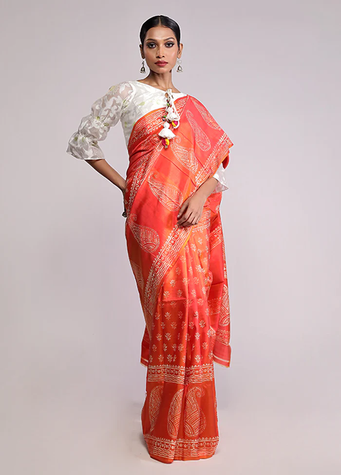 Orange Printed Silk Saree Without Blouse Piece - Image 2