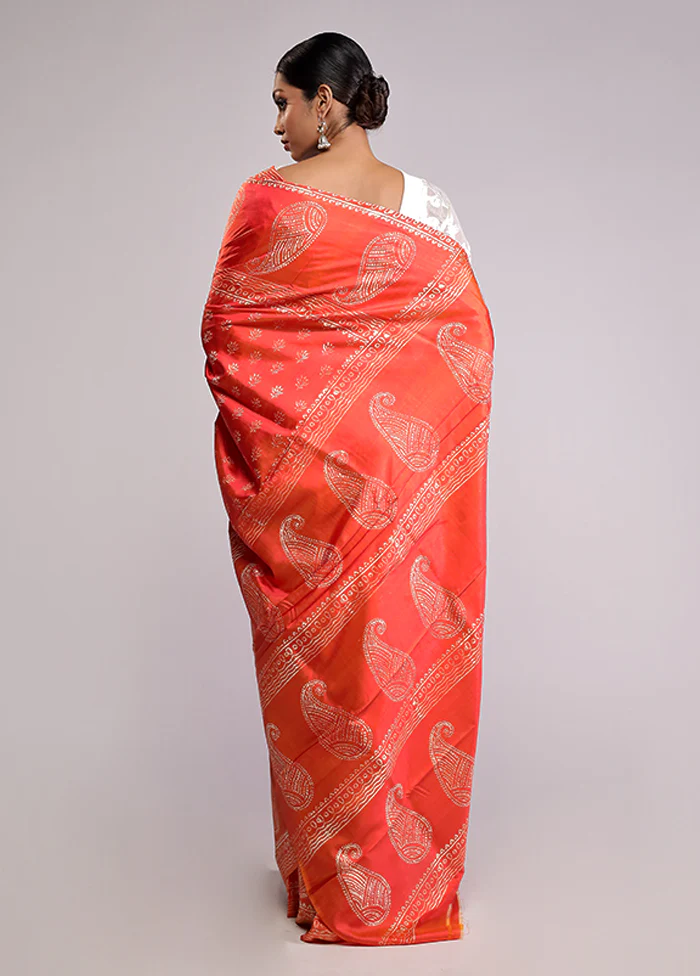 Orange Printed Silk Saree Without Blouse Piece - Image 3