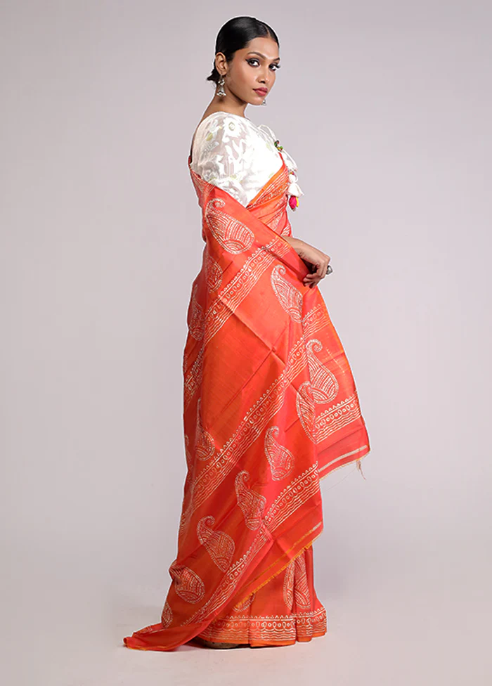 Orange Printed Silk Saree Without Blouse Piece - Image 4