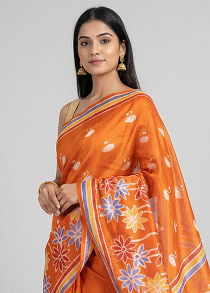 Rust Printed Pure Silk Saree Without Blouse Piece - Image 2