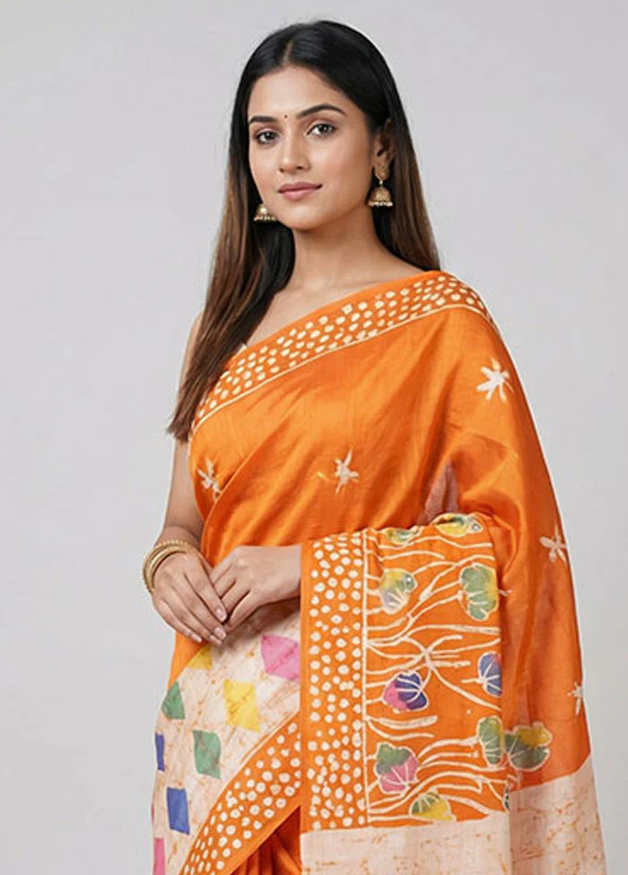 Rust Printed Pure Silk Saree Without Blouse Piece - Image 2