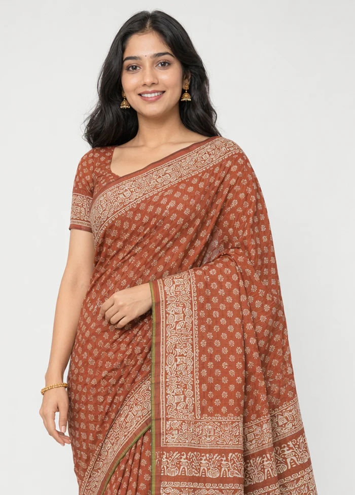 Rust Printed Pure Silk Saree Without Blouse Piece - Image 2
