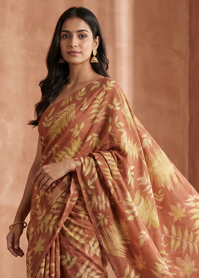 Rust Printed Pure Silk Saree Without Blouse Piece - Image 2