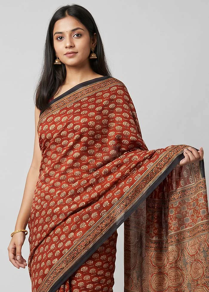 Rust Printed Silk Saree Without Blouse Piece - Image 2