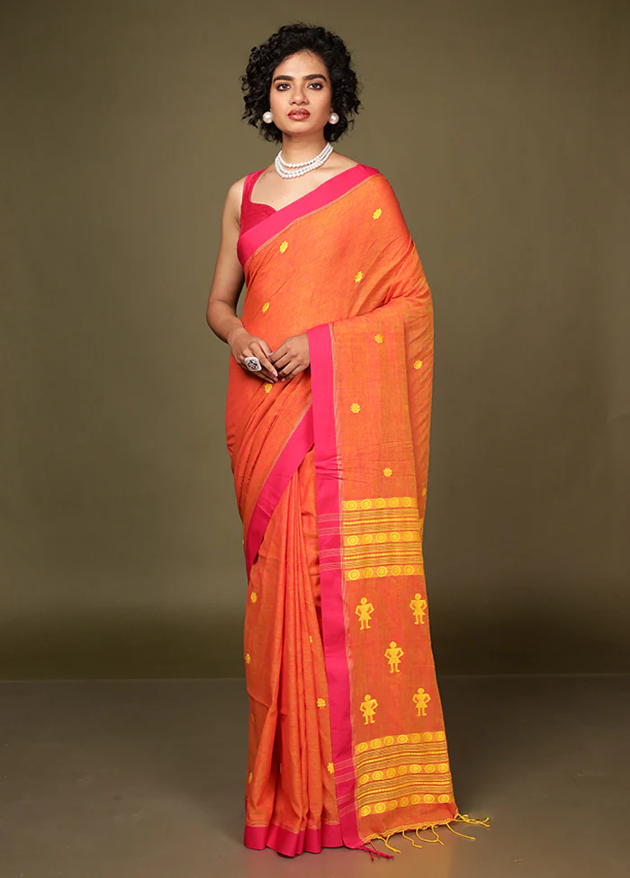 Orange Pure Cotton Saree With Blouse Piece - Image 2