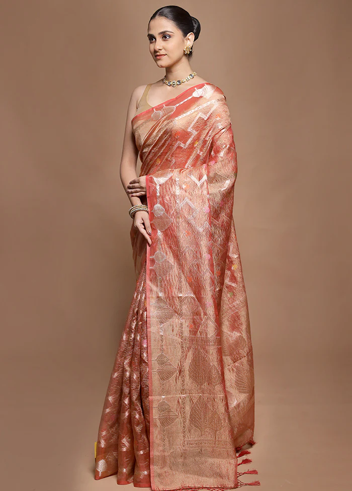 Rust Tissue Silk Saree With Blouse Piece - Image 4