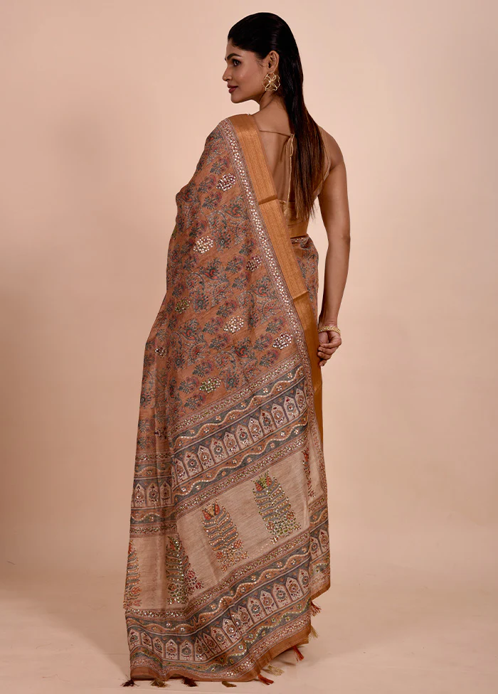 Rust Tussar Silk Saree With Blouse Piece - Image 3