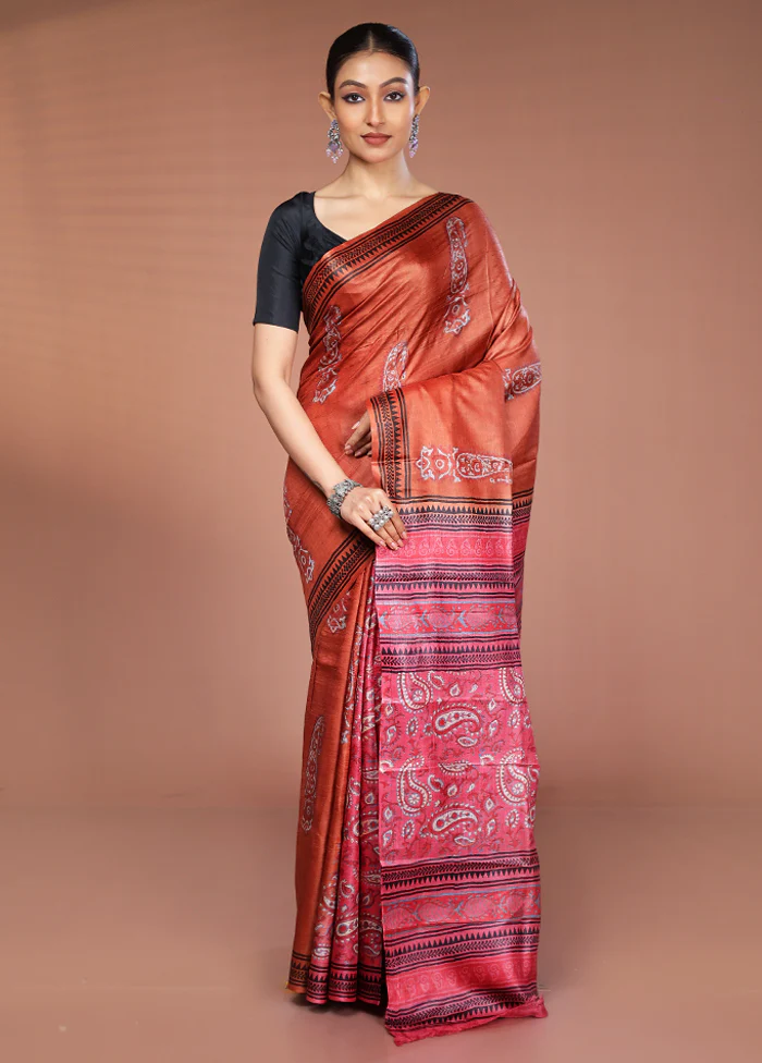 Rust Tussar Silk Saree With Blouse Piece - Image 2