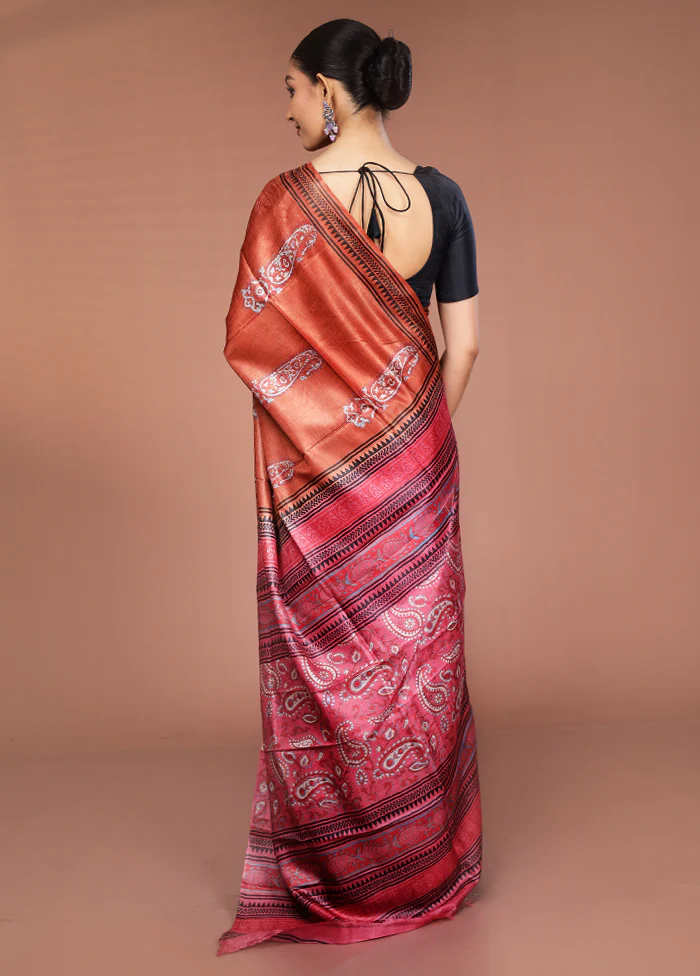 Rust Tussar Silk Saree With Blouse Piece - Image 3
