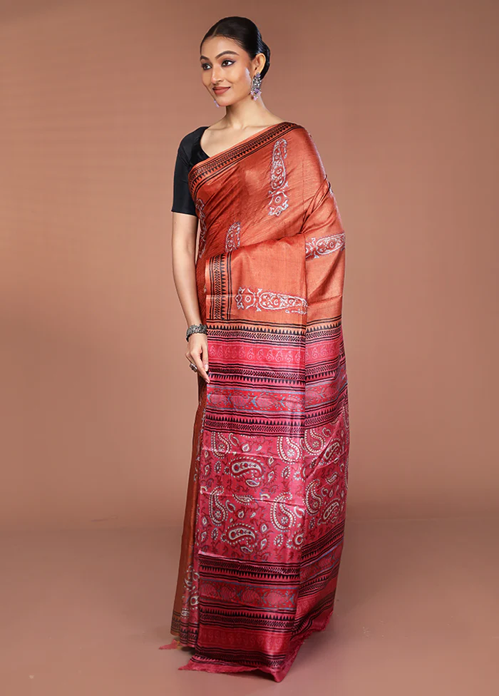 Rust Tussar Silk Saree With Blouse Piece - Image 4