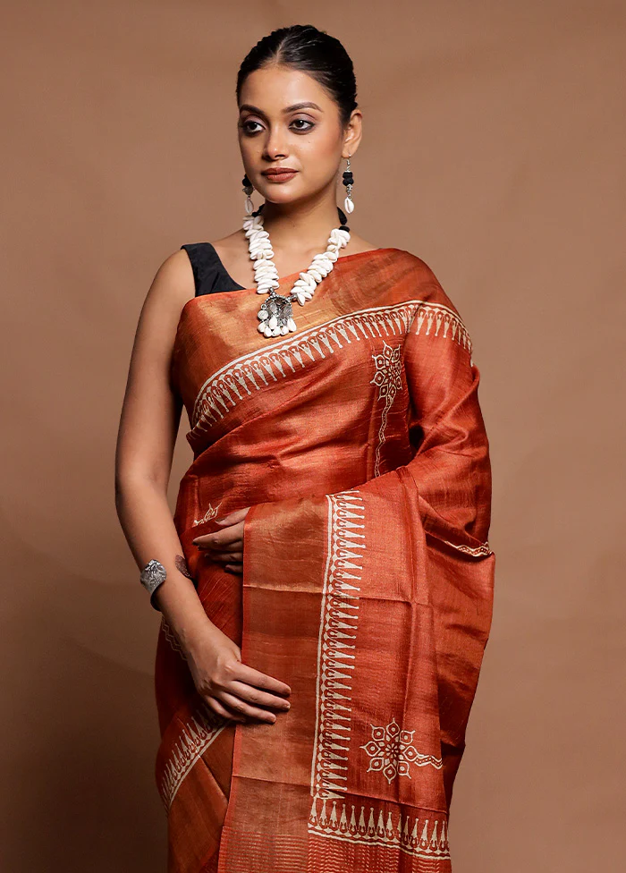 Rust Tussar Silk Saree With Blouse Piece - Image 2