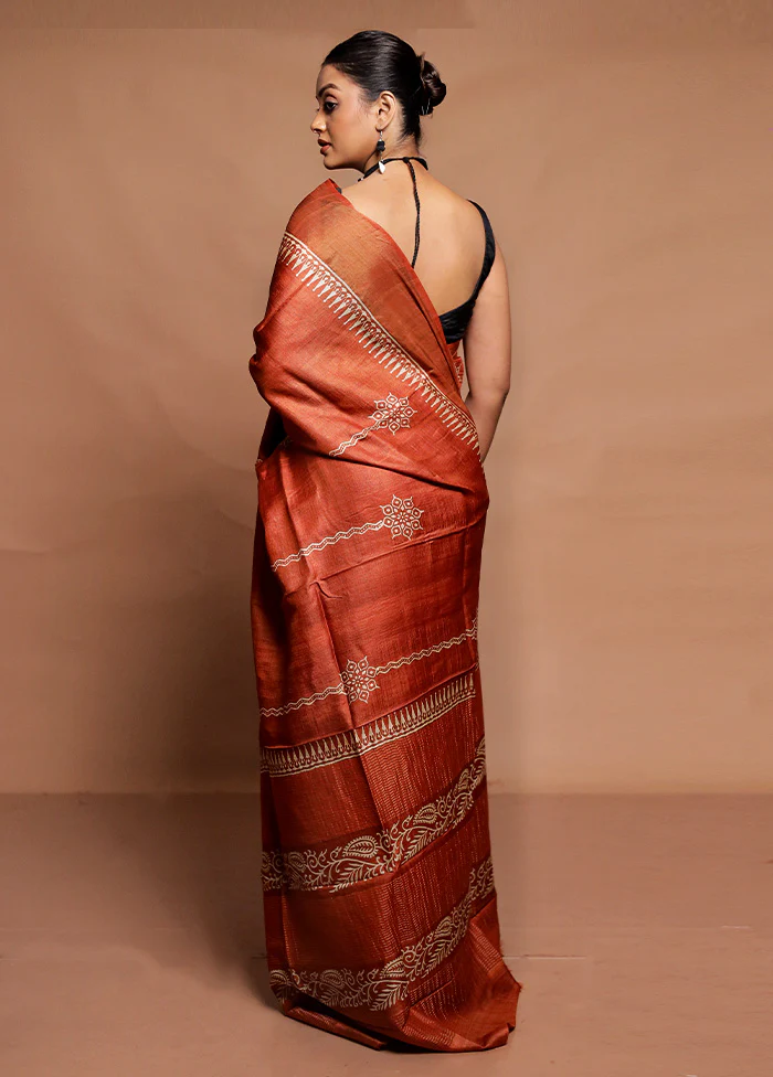 Rust Tussar Silk Saree With Blouse Piece - Image 3