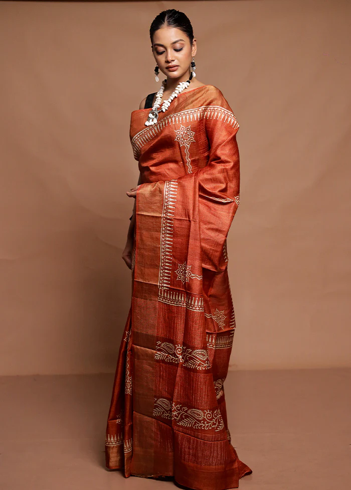 Rust Tussar Silk Saree With Blouse Piece - Image 4