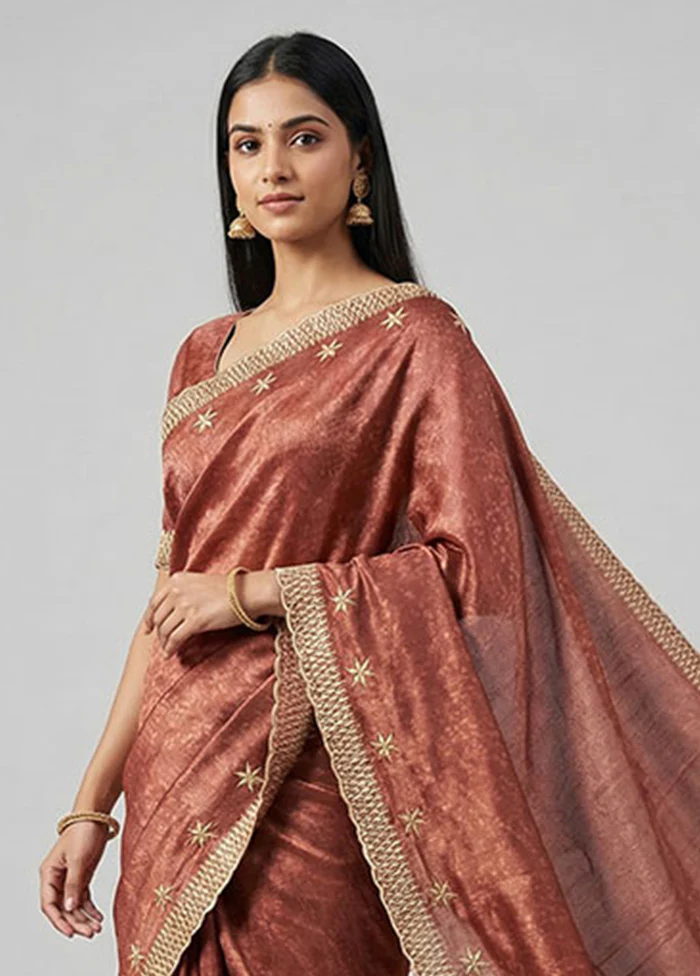 Rust Tussar Silk Saree With Blouse Piece - Image 2