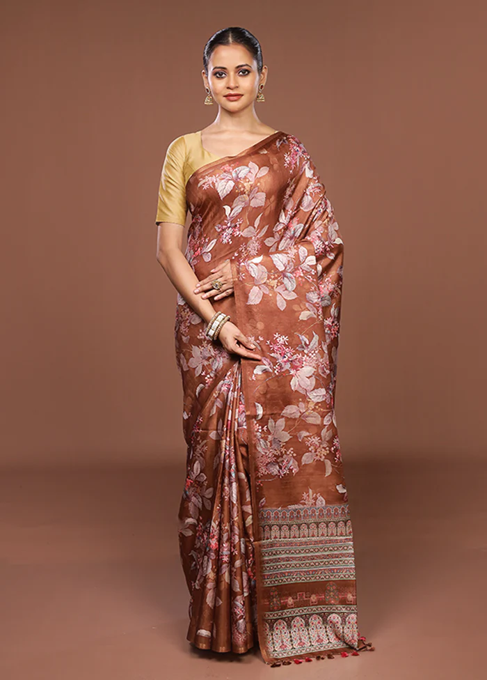 Rust Tussar Silk Saree With Blouse Piece - Image 2