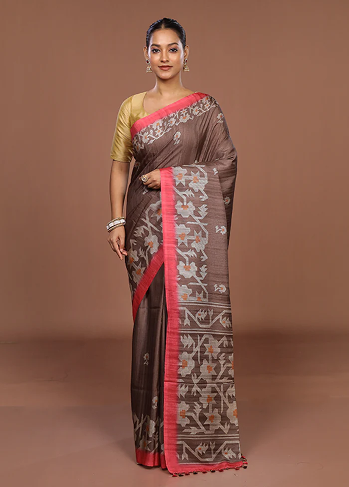 Rust Tussar Silk Saree With Blouse Piece - Image 2