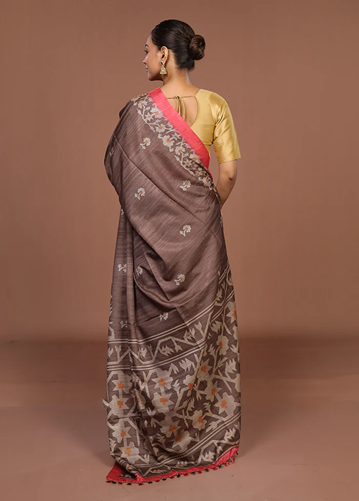 Rust Tussar Silk Saree With Blouse Piece - Image 3