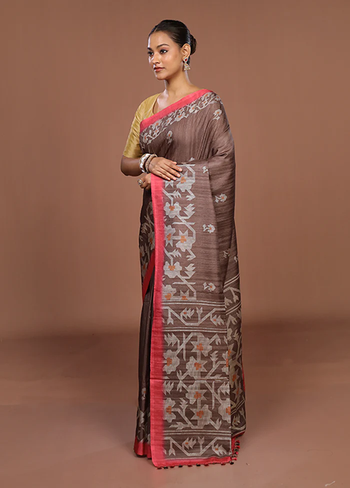 Rust Tussar Silk Saree With Blouse Piece - Image 4