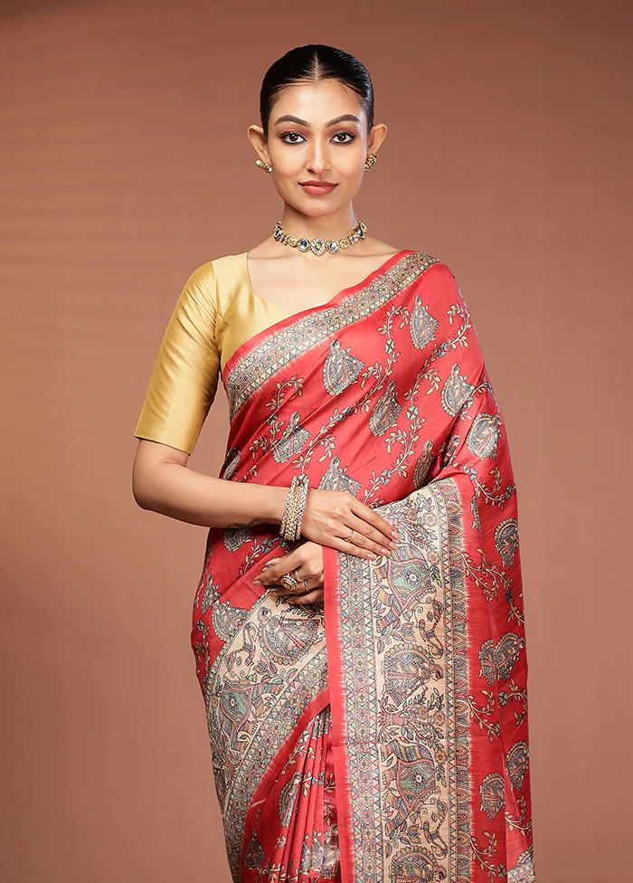 Rust Tussar Silk Saree With Blouse Piece