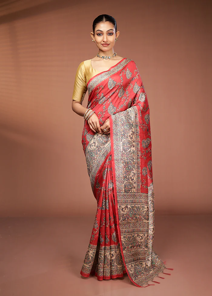 Rust Tussar Silk Saree With Blouse Piece - Image 2